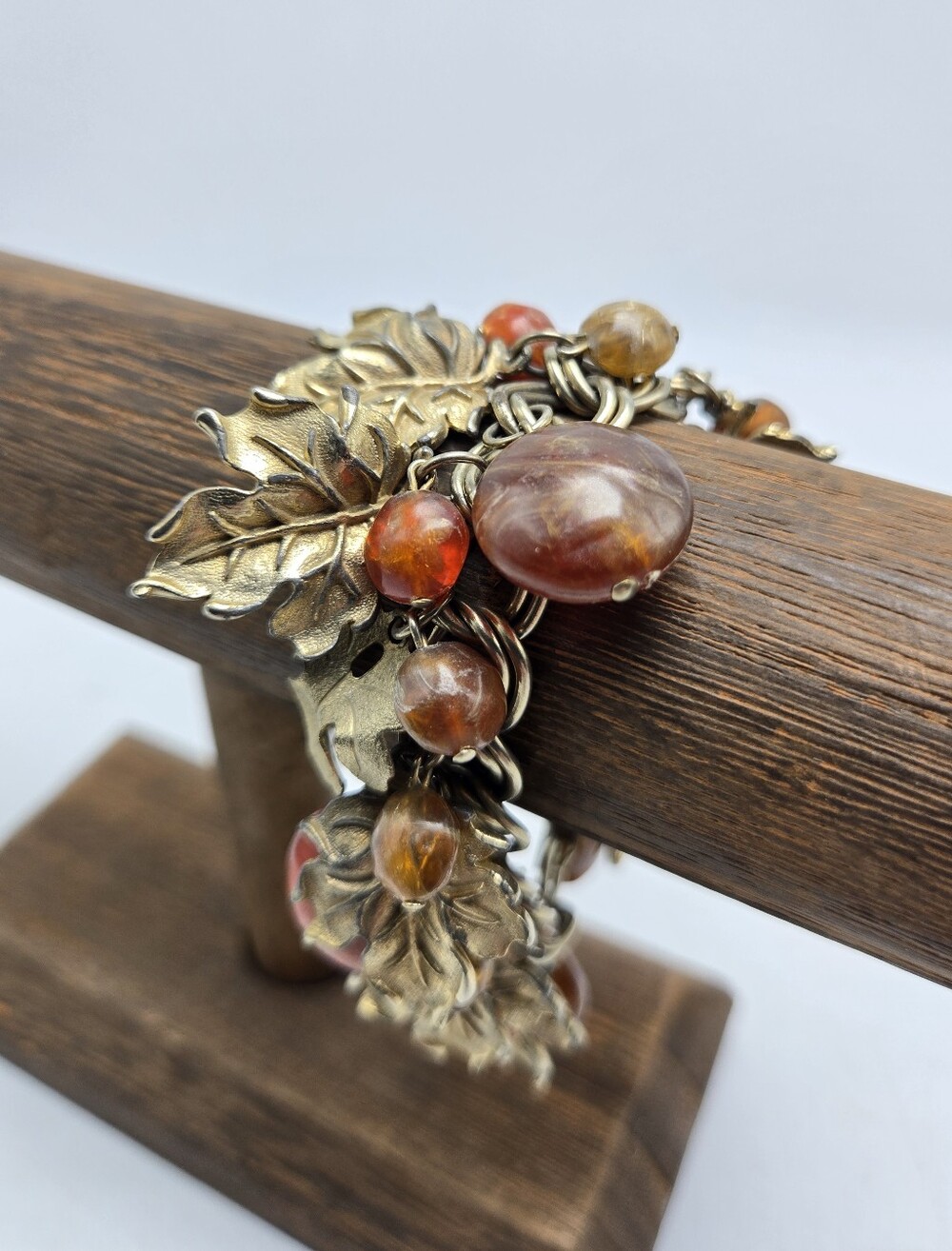 50's Leaf Beaded Bracelet Gold Tone Chain Link MCM Jewelry Statement Fashion VTG